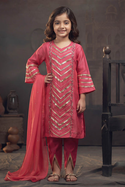 Buy Hirika &amp; Dhruti Pink Organza, Cotton Silk Gota Work Kurta Dhoti Pant Set For Kids at Aza Fashions