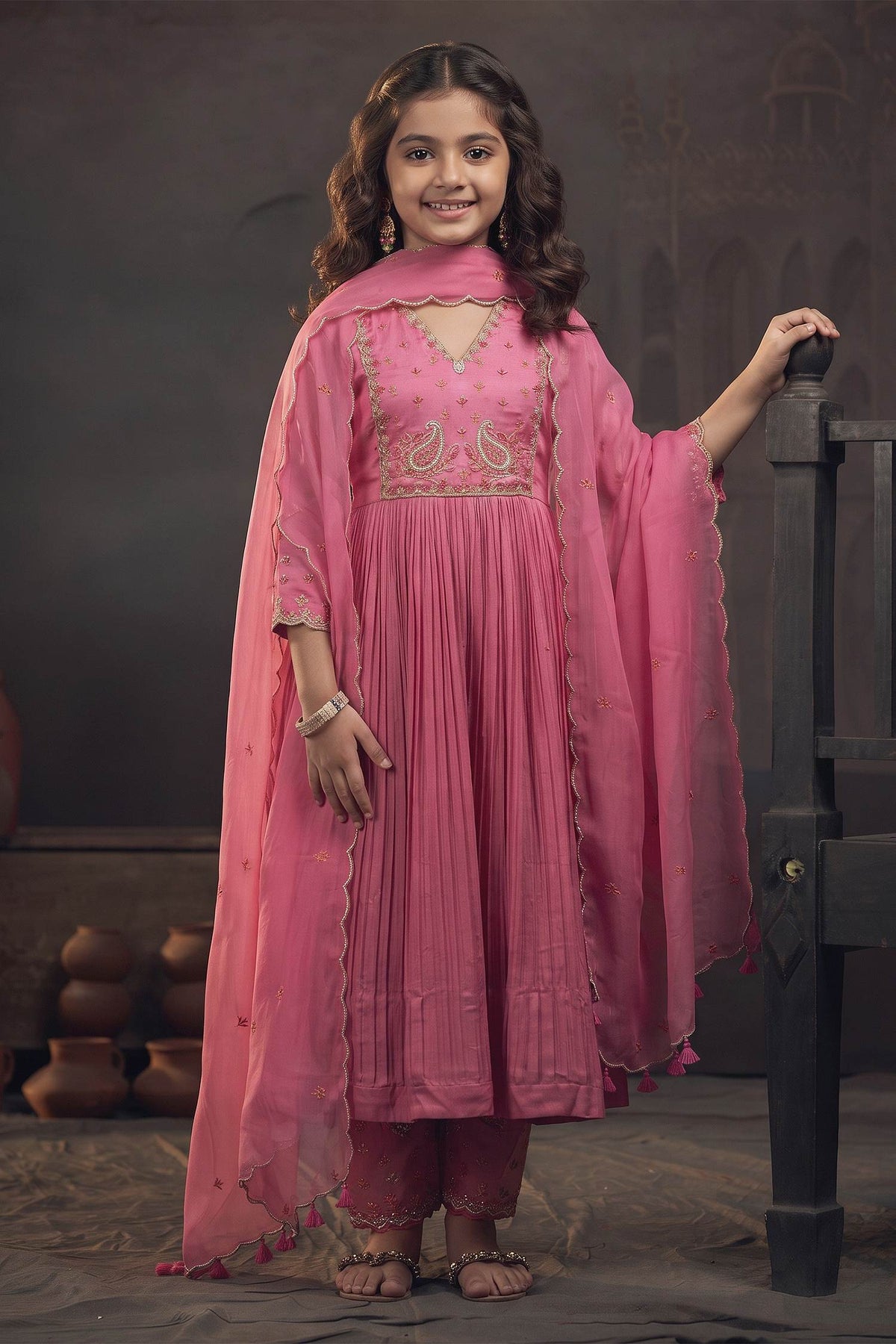 Buy Hirika &amp; Dhruti Pink Dupatta Organza, Pant Cotton, Kurta Gajji Silk Embroidered Pleated Set For Kids at Aza Fashions