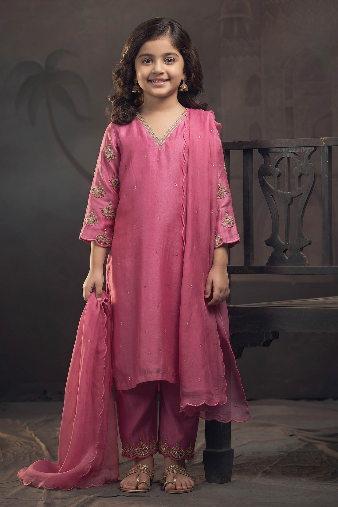 Buy Hirika & Dhruti Pink Dupatta Organza, Kurta Silk Chanderi, Pant Cotton Embroidered Set For Kids at Aza Fashions