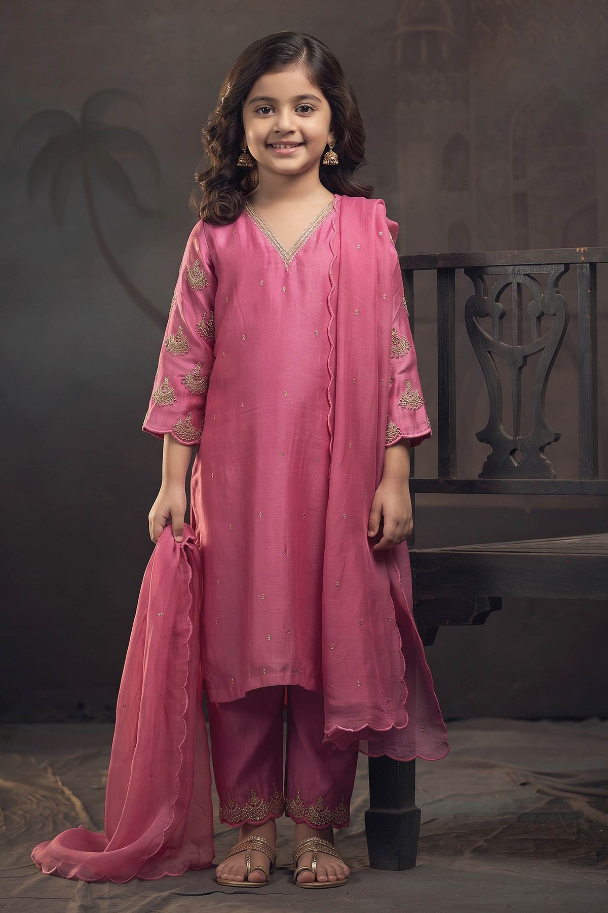 Buy Hirika &amp; Dhruti Pink Dupatta Organza, Kurta Silk Chanderi, Pant Cotton Embroidered Set For Kids at Aza Fashions