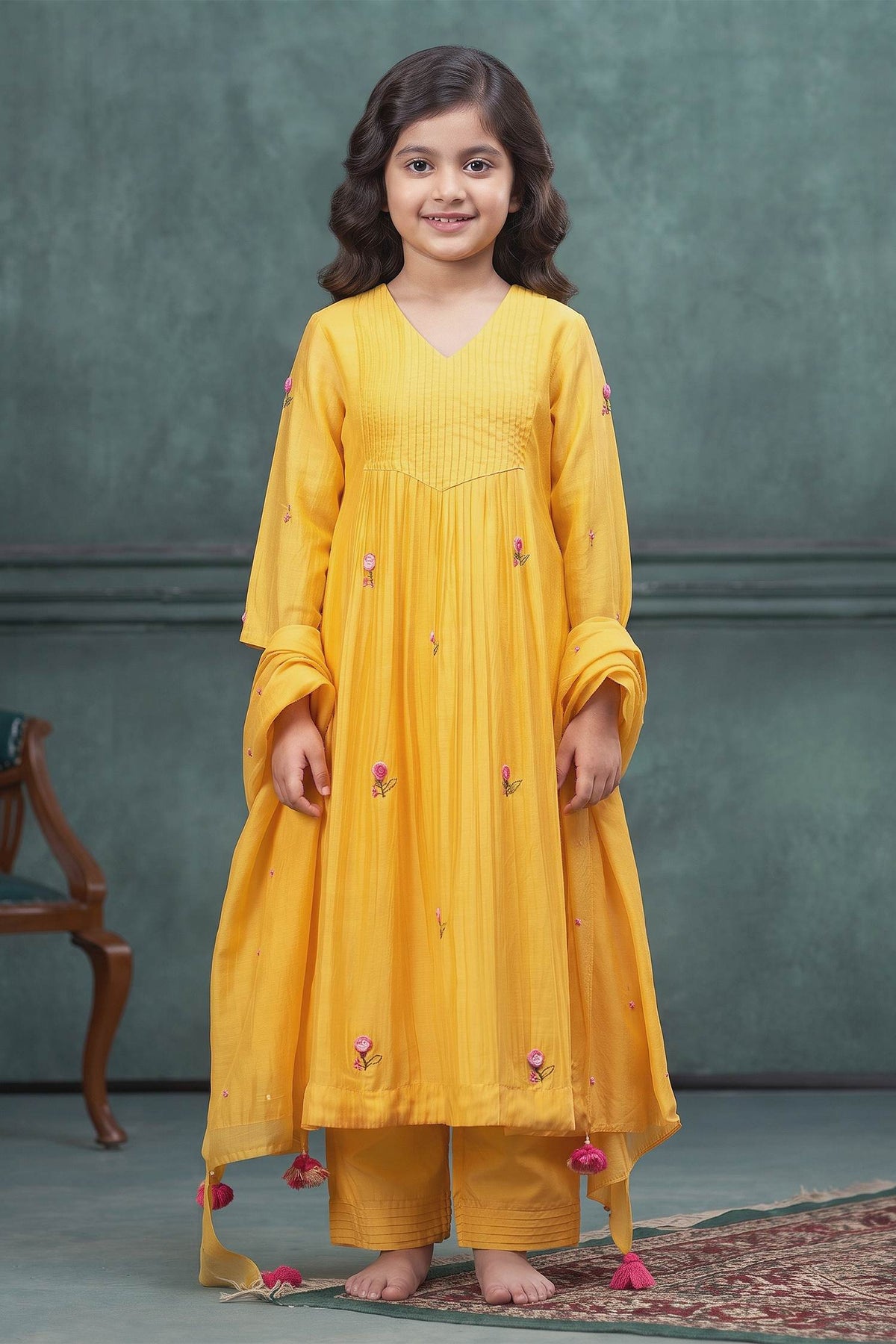Buy Hirika &amp; Dhruti Yellow Dupatta Organza, Kurta And Pant Cotton Silk Hand Embroidered A-line Set For Kids at Aza Fashions