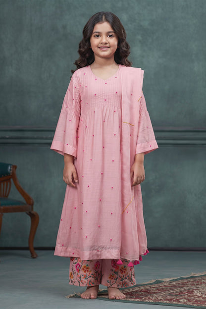 Buy Hirika &amp; Dhruti Pink Dupatta Organza, Kurta And Pant Cotton Silk Hand Embroidered A-line Set For Kids at Aza Fashions