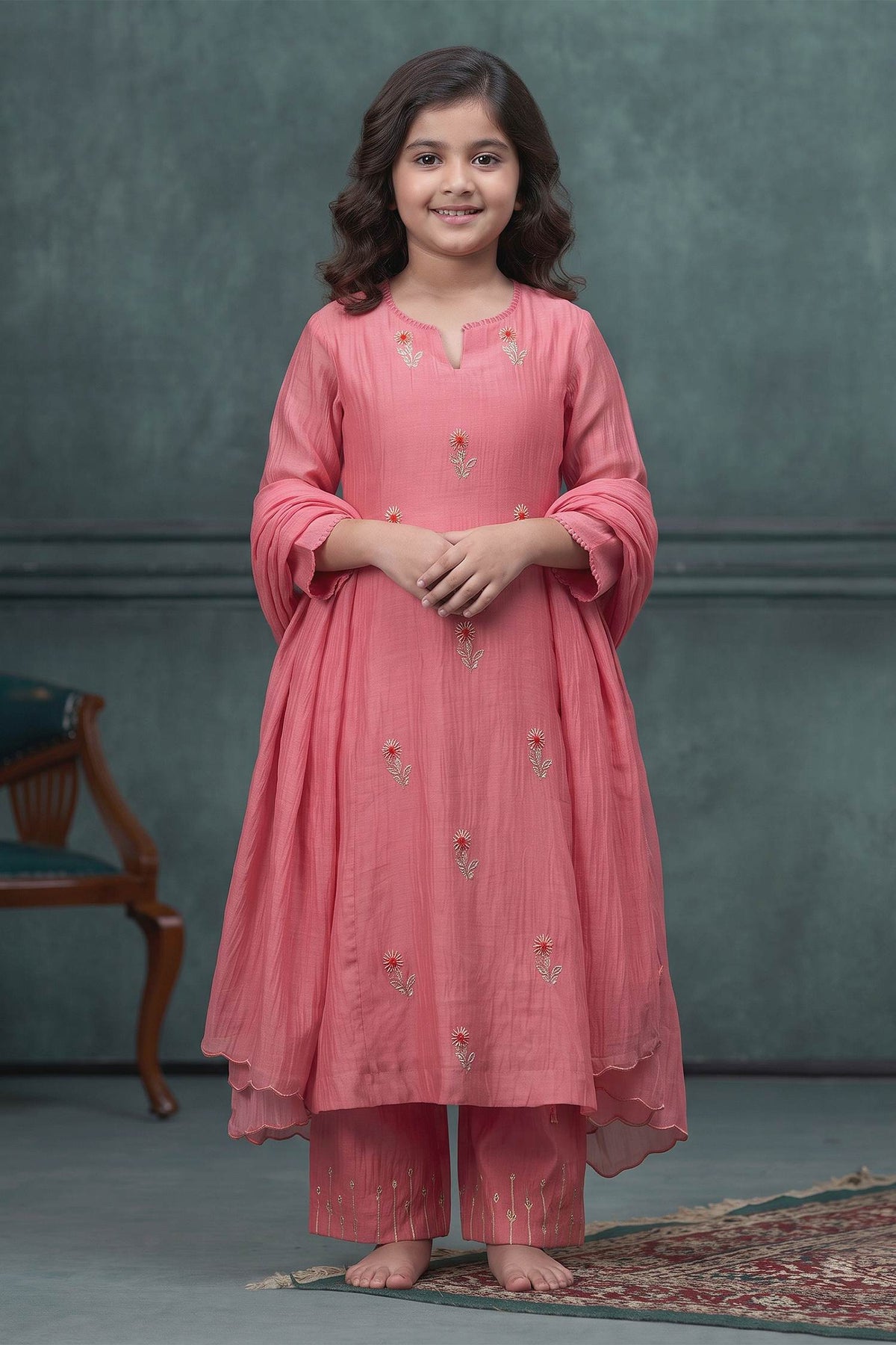 Buy Hirika &amp; Dhruti Peach Chanderi Pearl, Thread, Flower Butti Hand Embroidered A-line Kurta Set For Kids at Aza Fashions