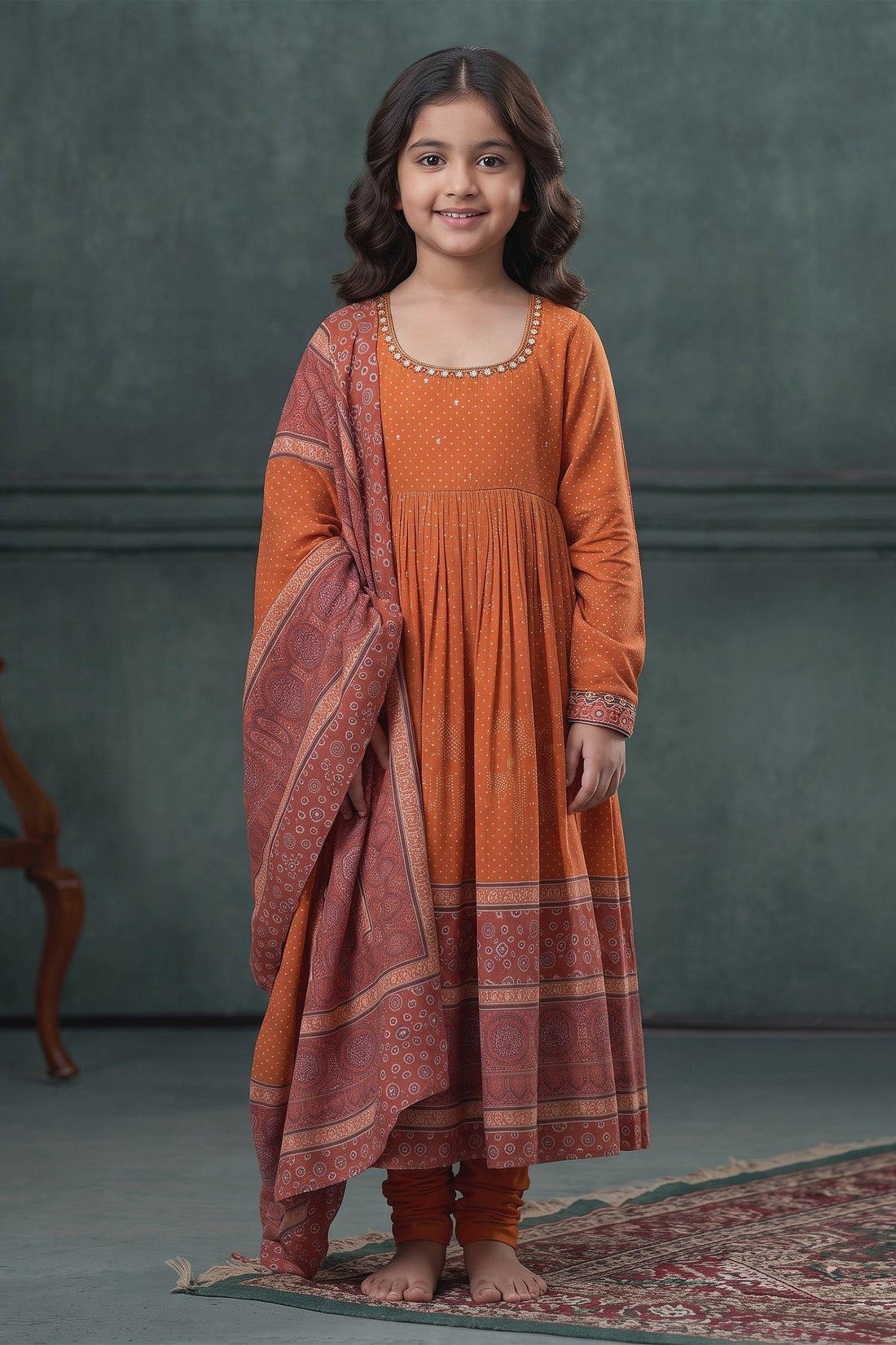 Buy Hirika & Dhruti Orange Churidar Lycra Stretch, Anarkali And Dupatta Cotton Print Set For Kids at Aza Fashions