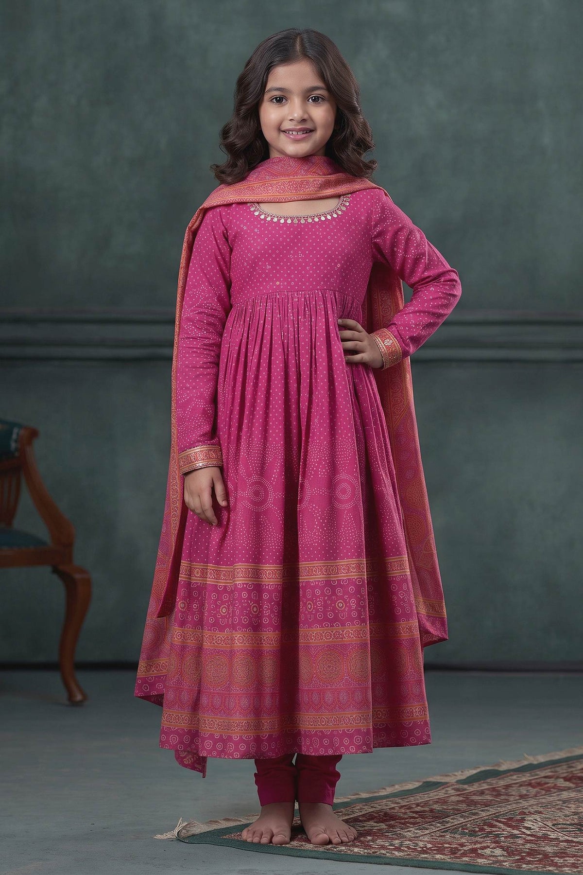 Buy Hirika &amp; Dhruti Pink Churidar Lycra Stretch, Anarkali And Dupatta Cotton Print Set For Kids at Aza Fashions