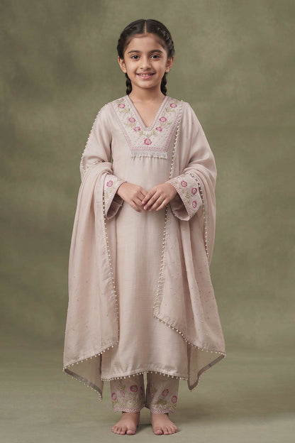 Buy Hirika &amp; Dhruti Beige Dupatta Organza , Kurta And Pant Monga Hand Embroidered Set For Kids at Aza Fashions