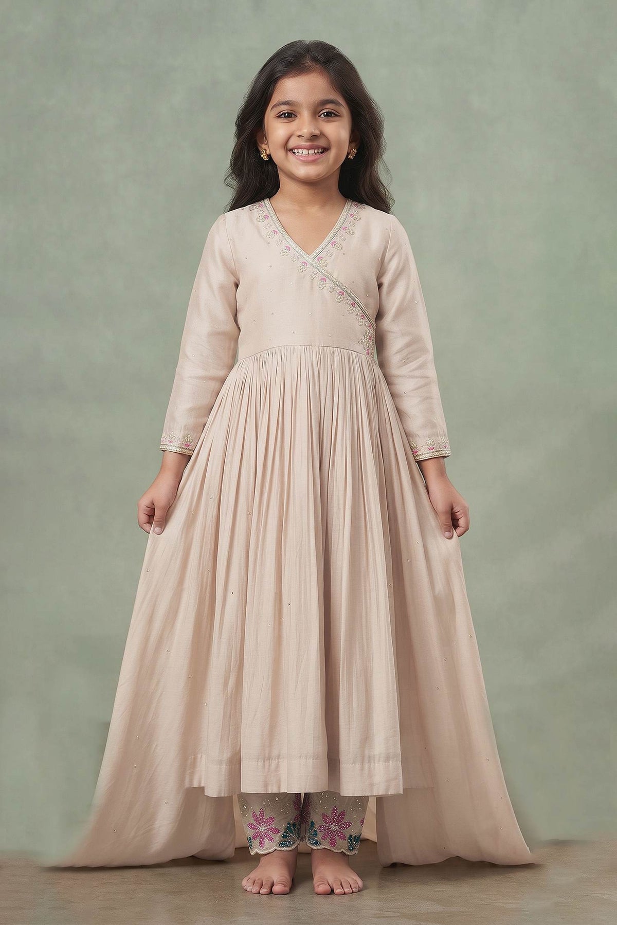 Buy Hirika &amp; Dhruti Beige Dupatta Organza Silk, Pant Cotton, Hand Embroidered Pleated Set For Kids at Aza Fashions