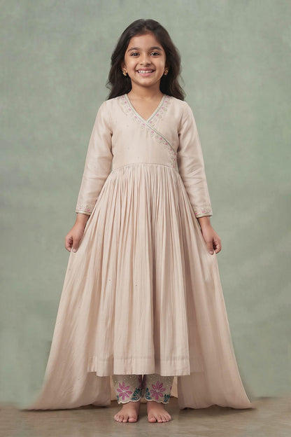 Buy Hirika &amp; Dhruti Beige Dupatta Organza Silk, Pant Cotton, Hand Embroidered Pleated Set For Kids at Aza Fashions