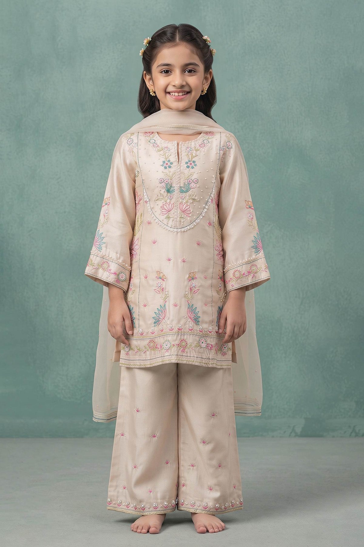 Buy Hirika &amp; Dhruti Beige Kurta And Pant Chiniya Silk, Dupatta Hand Embroidered Short Set For Kids at Aza Fashions