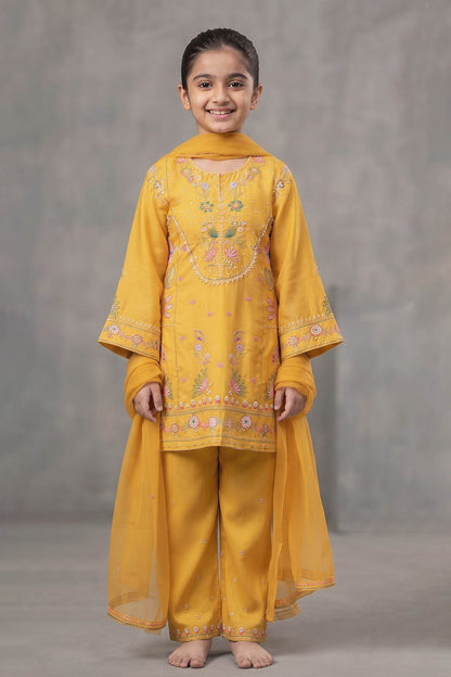Buy Hirika &amp; Dhruti Yellow Kurta And Pant Chiniya Silk, Dupatta Hand Embroidered Short Set For Kids at Aza Fashions