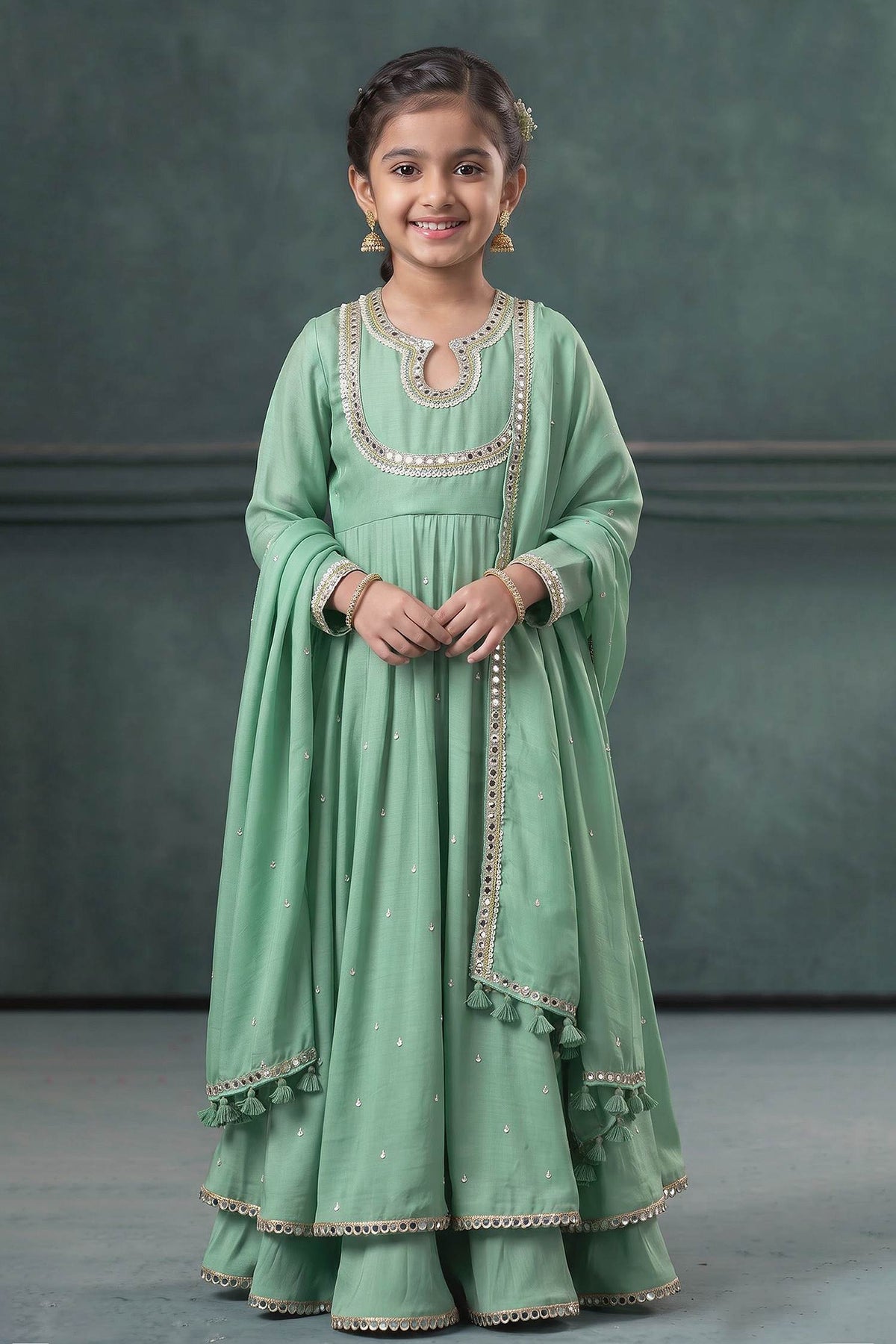 Buy Hirika &amp; Dhruti Green Dupatta Organza Silk, Anarkali And Sharara Monga Hand Embroidered Set For Kids at Aza Fashions