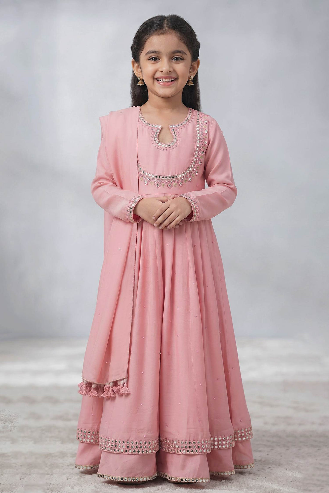 Hirika & Dhruti Pink Dupatta Organza Silk, Anarkali And Sharara Monga Hand Embroidered & Set For Kids