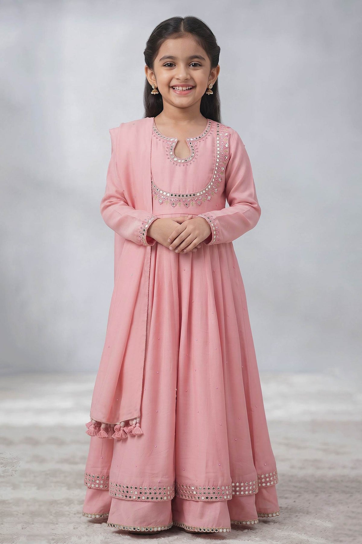 Hirika &amp; Dhruti Pink Dupatta Organza Silk, Anarkali And Sharara Monga Hand Embroidered &amp; Set For Kids