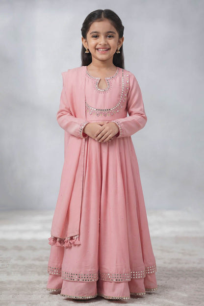 Hirika &amp; Dhruti Pink Dupatta Organza Silk, Anarkali And Sharara Monga Hand Embroidered &amp; Set For Kids
