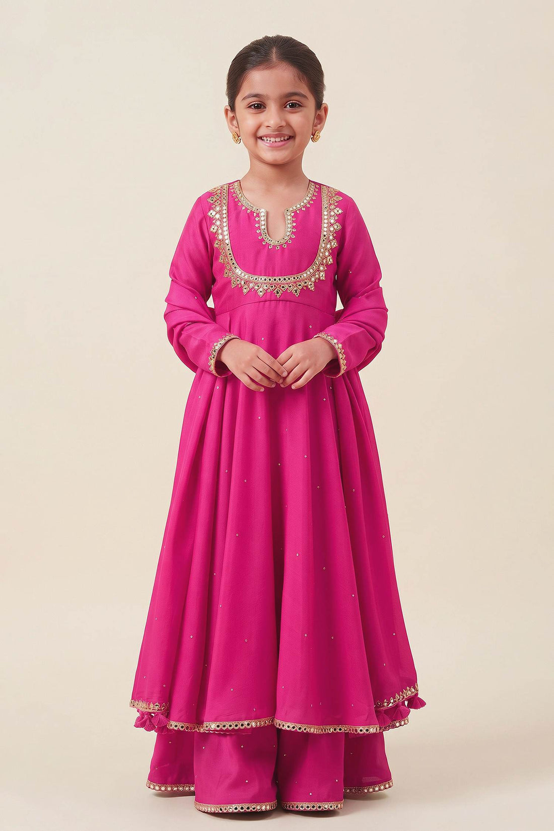 Buy Hirika &amp; Dhruti Pink Dupatta Organza Silk, Anarkali And Sharara Monga Hand Embroidered &amp; Set For Kids at Aza Fashions