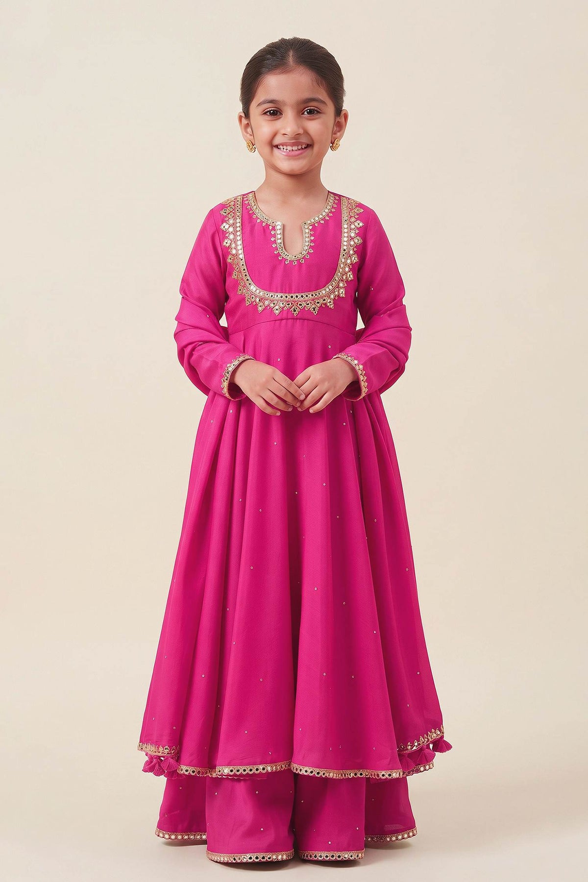 Buy Hirika &amp; Dhruti Pink Dupatta Organza Silk, Anarkali And Sharara Monga Hand Embroidered &amp; Set For Kids at Aza Fashions