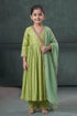 Hirika & Dhruti Green Anarkali And Pant Silk, Dupatta Organza Floral, Hand Embroidered Set For Kids