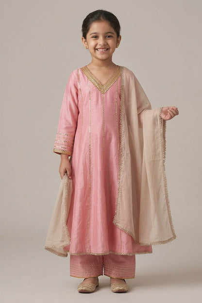 Buy Hirika &amp; Dhruti Pink Anarkali And Pant Silk, Dupatta Organza Sequin Embroidered Set For Kids at Aza Fashions