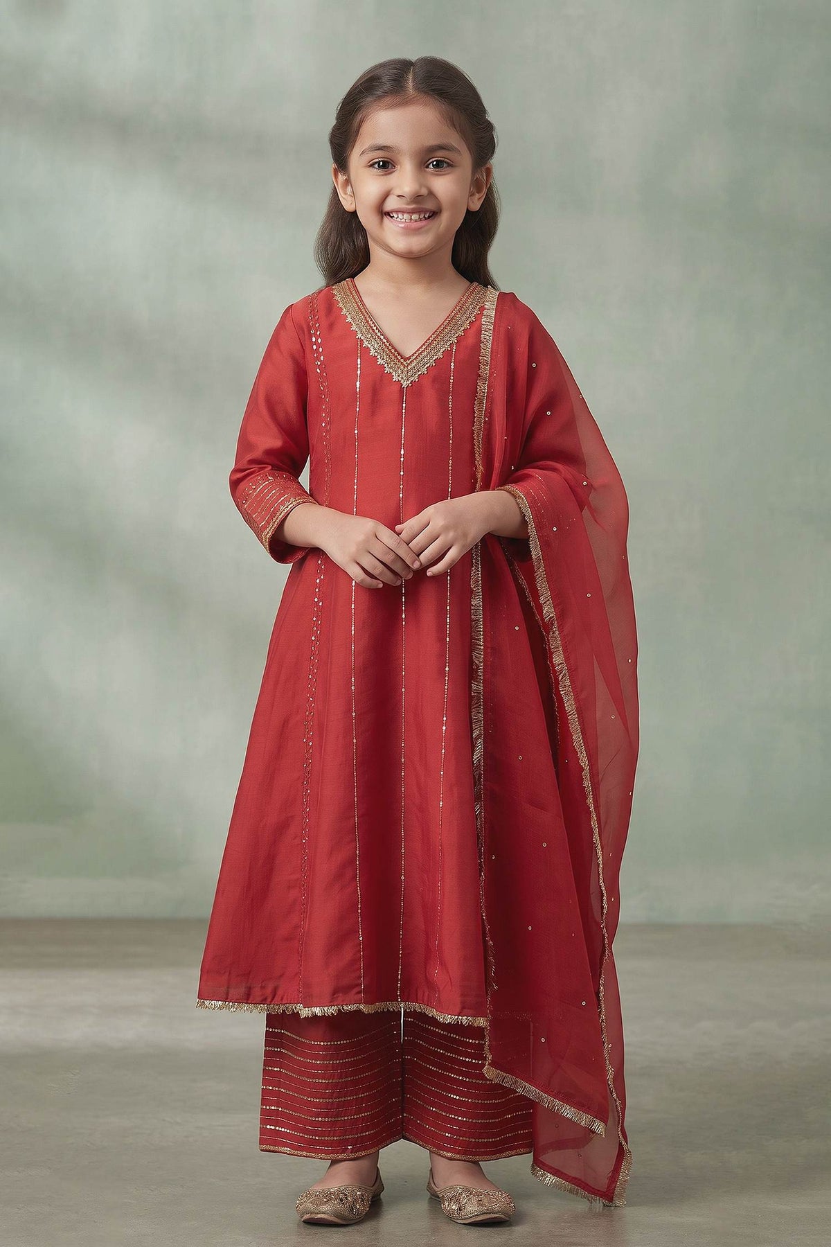 Buy Hirika &amp; Dhruti Red Anarkali And Pant Silk, Dupatta Organza Sequin Embroidered Set For Kids at Aza Fashions