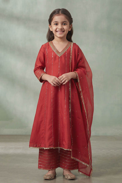 Buy Hirika &amp; Dhruti Red Anarkali And Pant Silk, Dupatta Organza Sequin Embroidered Set For Kids at Aza Fashions