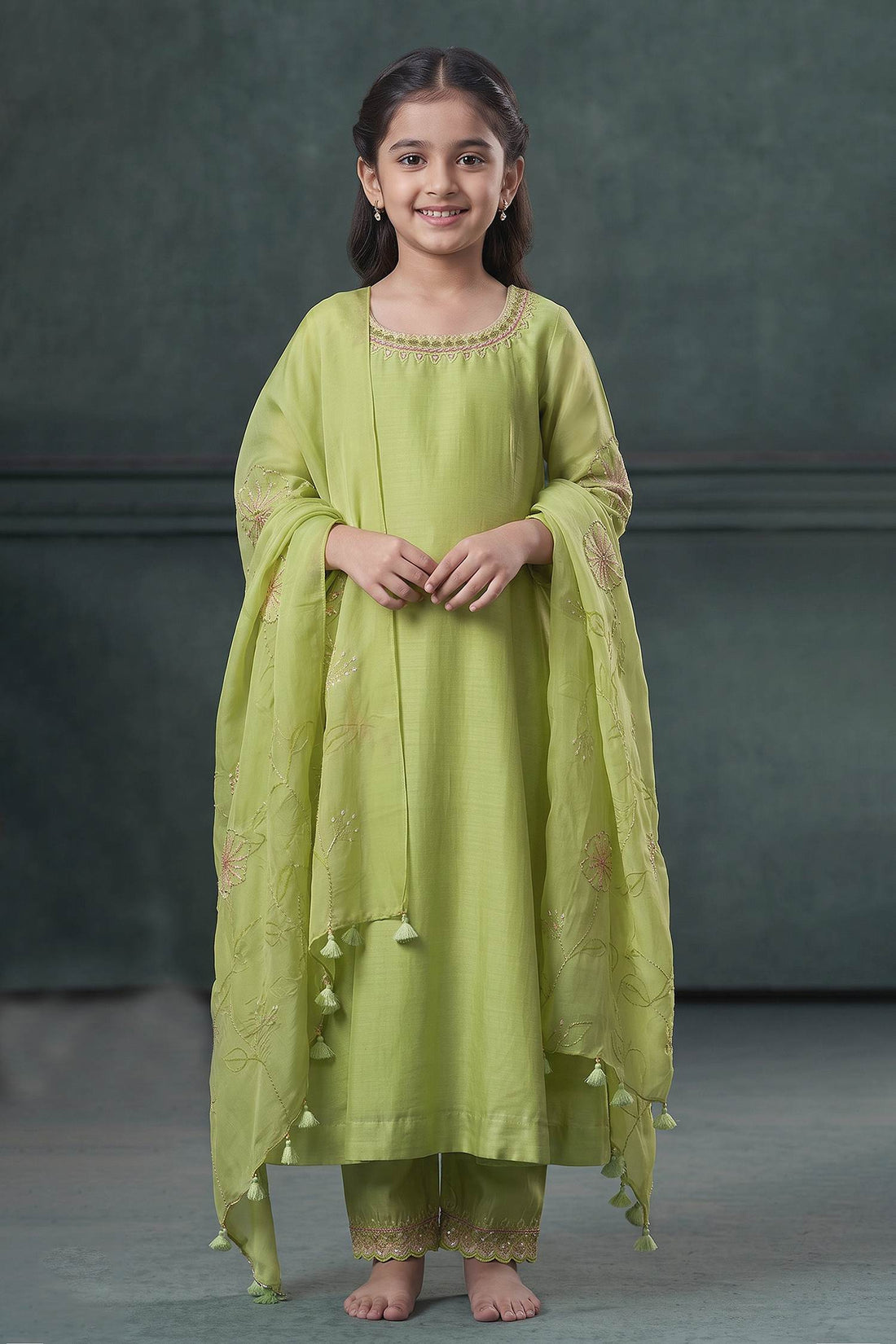 Buy Hirika & Dhruti Green Anarkali And Pant Silk, Dupatta Organza Thread, Moti & Embroidered Set For Kids at Aza Fashions