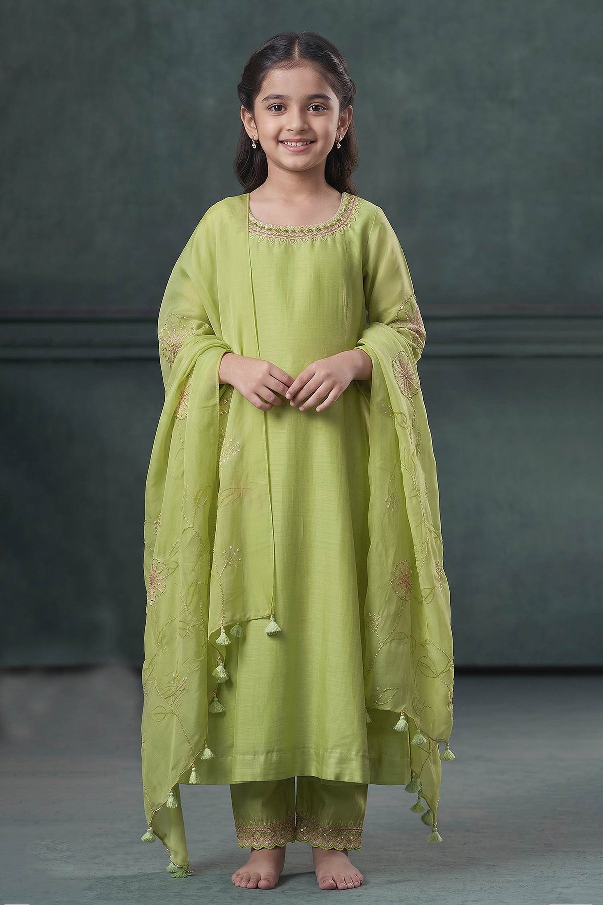 Buy Hirika &amp; Dhruti Green Anarkali And Pant Silk, Dupatta Organza Thread, Moti &amp; Embroidered Set For Kids at Aza Fashions
