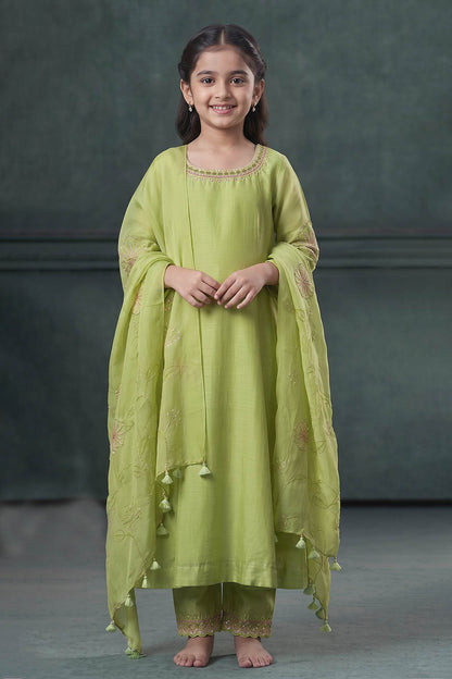 Buy Hirika &amp; Dhruti Green Anarkali And Pant Silk, Dupatta Organza Thread, Moti &amp; Embroidered Set For Kids at Aza Fashions