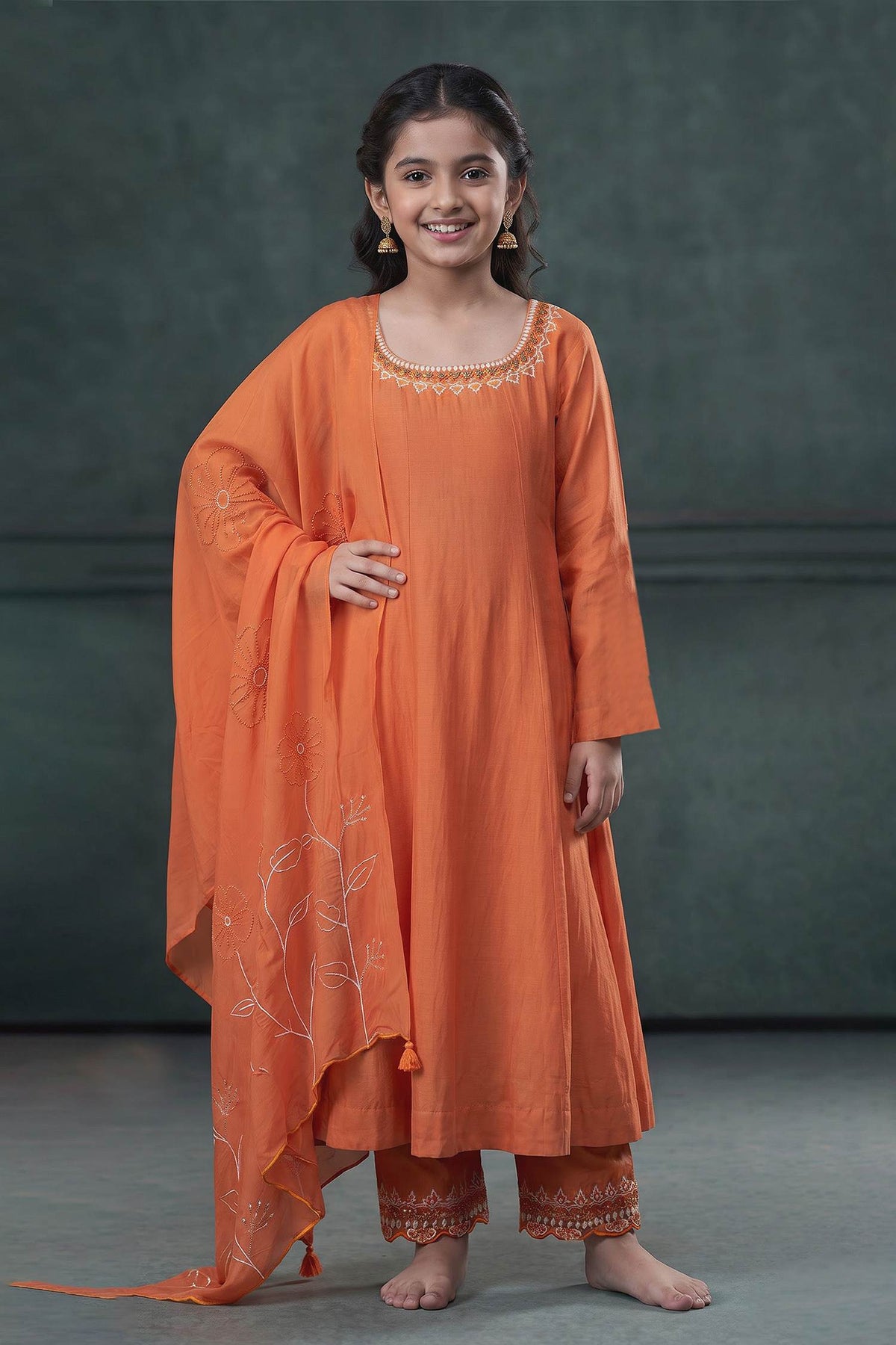 Buy Hirika &amp; Dhruti Orange Anarkali And Pant Silk, Dupatta Organza Thread, Moti Embroidered Set For Kids at Aza Fashions