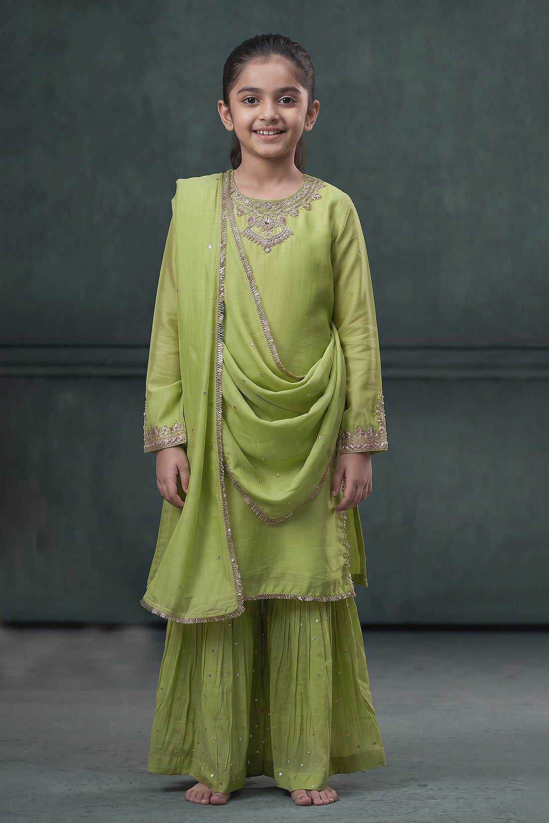 Buy Hirika & Dhruti Green Dupatta Organza , Kurta And Sharara Chiniya Embroidered Set For Kids at Aza Fashions