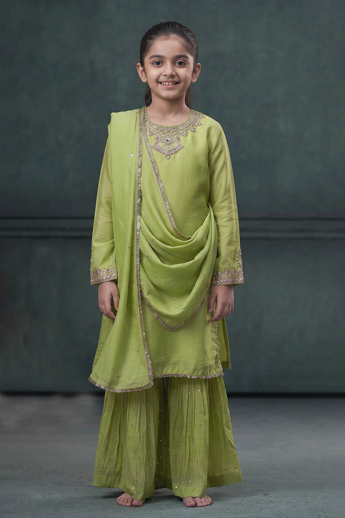 Buy Hirika &amp; Dhruti Green Dupatta Organza , Kurta And Sharara Chiniya Embroidered Set For Kids at Aza Fashions