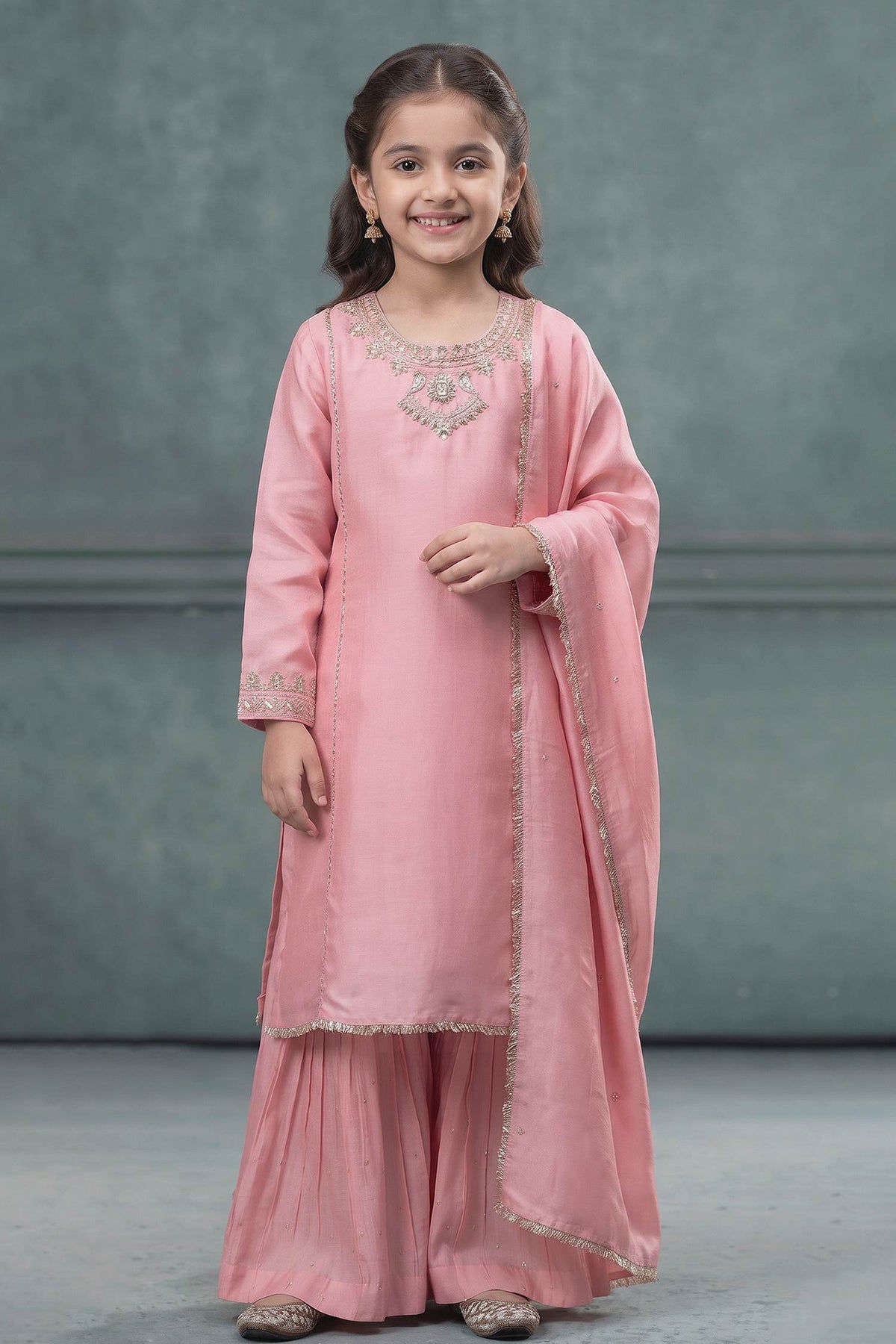 Buy Hirika &amp; Dhruti Pink Dupatta Organza , Kurta And Sharara Chiniya Bird Embroidered Set For Kids at Aza Fashions