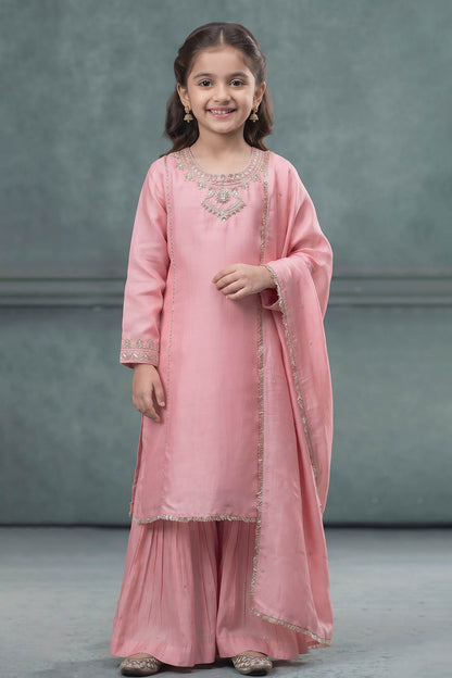 Buy Hirika &amp; Dhruti Pink Dupatta Organza , Kurta And Sharara Chiniya Bird Embroidered Set For Kids at Aza Fashions