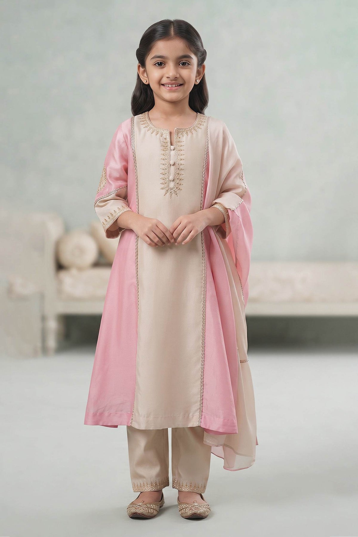 Buy Hirika &amp; Dhruti Beige Dupatta Organza, Kurta Silk, Pant Cotton Marodi Work Embroidered Set For Kids at Aza Fashions
