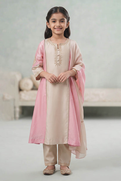 Buy Hirika &amp; Dhruti Beige Dupatta Organza, Kurta Silk, Pant Cotton Marodi Work Embroidered Set For Kids at Aza Fashions