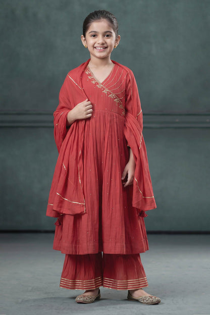 Buy Hirika &amp; Dhruti Red Chanderi Tikki Embroidered Angarkha Anarkali Sharara Set For Kids at Aza Fashions