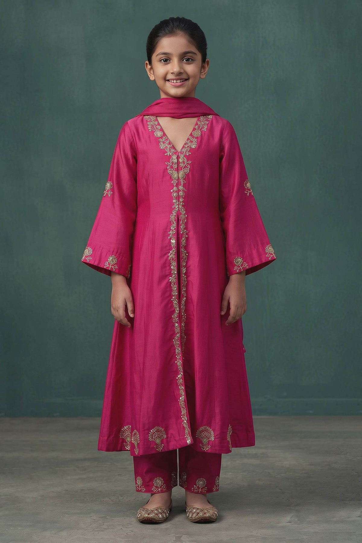 Hirika &amp; Dhruti Pink Kurta And Pant Silk, Dupatta Georgette &amp; Chiffon Marodi Embroidered Set For Kids