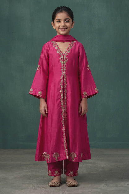 Hirika &amp; Dhruti Pink Kurta And Pant Silk, Dupatta Georgette &amp; Chiffon Marodi Embroidered Set For Kids