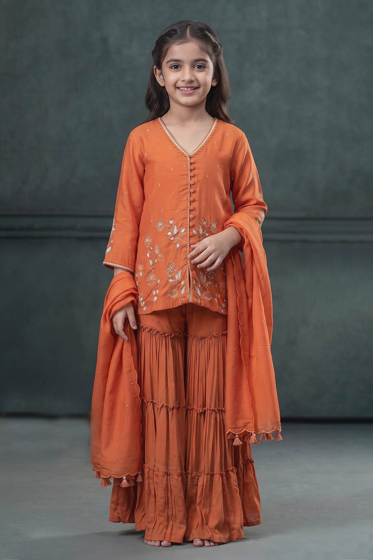 Buy Hirika &amp; Dhruti Orange Dupatta Organza Silk, Kurta And Sharara Floral Embroidered Short Set For Kids at Aza Fashions