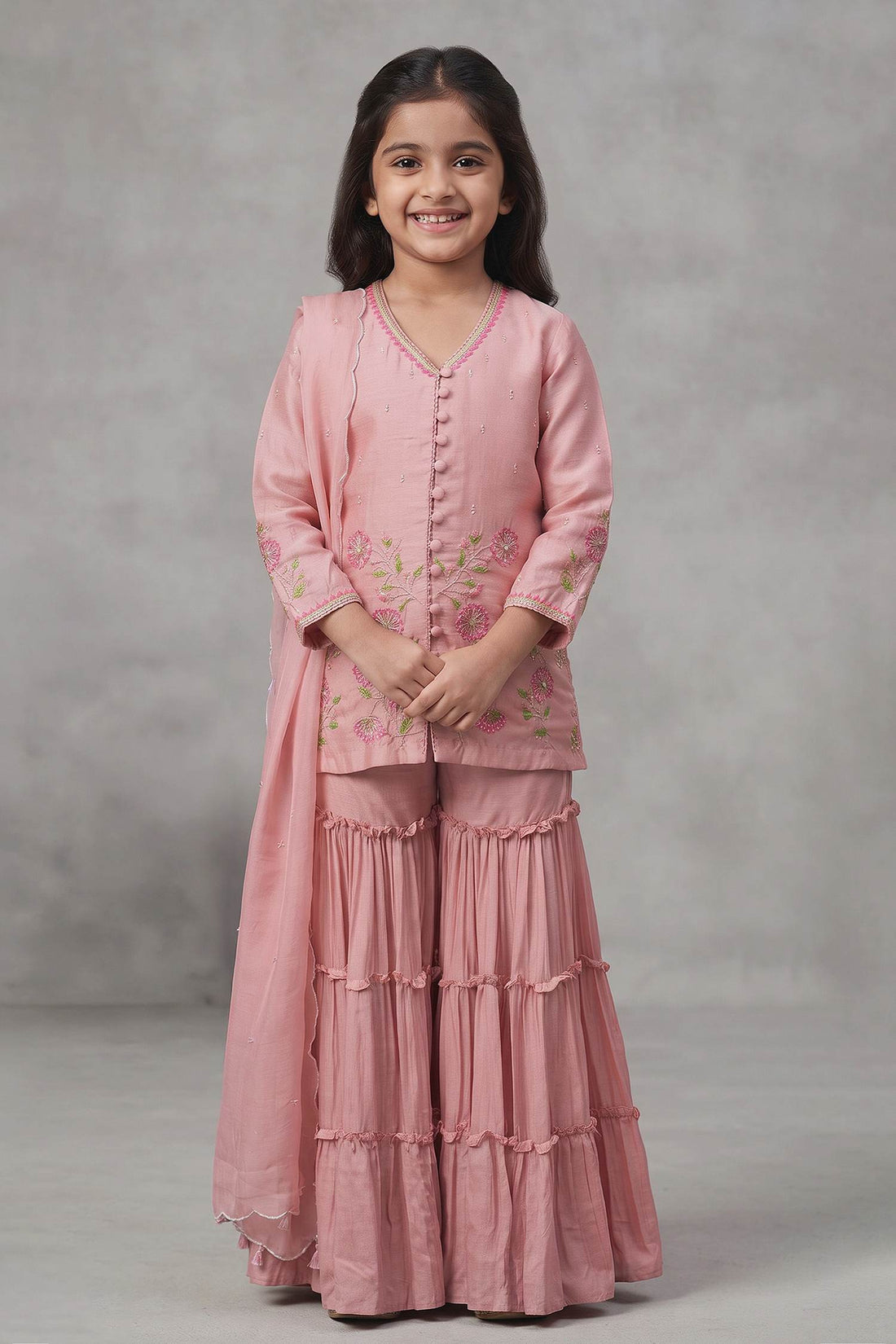 Buy Hirika & Dhruti Pink Dupatta Organza Silk, Kurta And Sharara Floral Embroidered Short Set For Kids at Aza Fashions