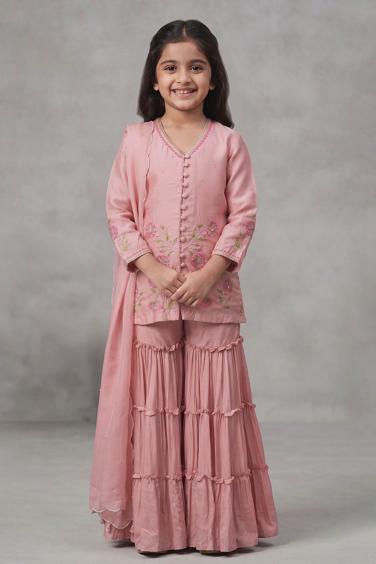 Buy Hirika &amp; Dhruti Pink Dupatta Organza Silk, Kurta And Sharara Floral Embroidered Short Set For Kids at Aza Fashions