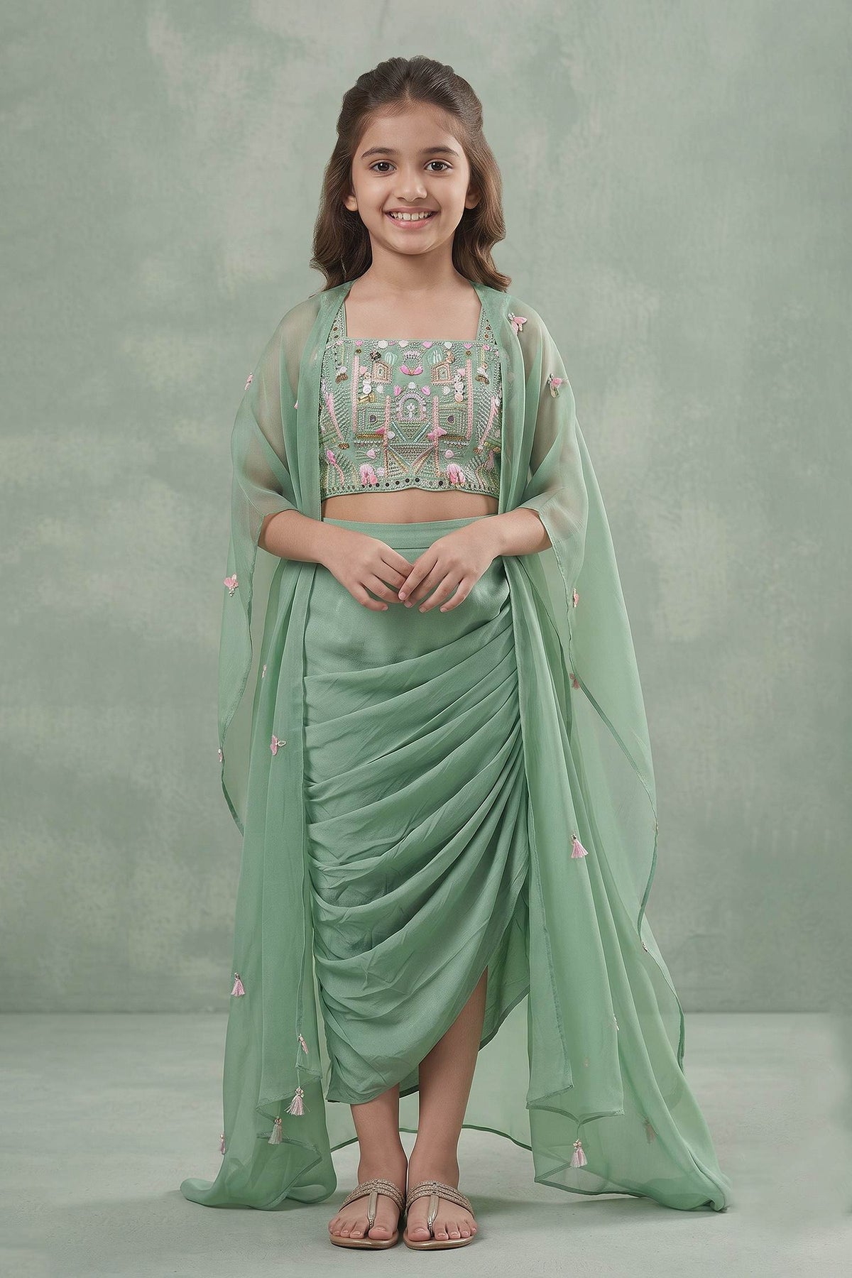 Buy Hirika &amp; Dhruti Green Jacket Silk Organza, Blouse And Skirt Tassel Embroidered Draped Set For Kids at Aza Fashions