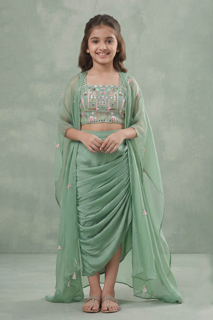 Buy Hirika &amp; Dhruti Green Jacket Silk Organza, Blouse And Skirt Tassel Embroidered Draped Set For Kids at Aza Fashions