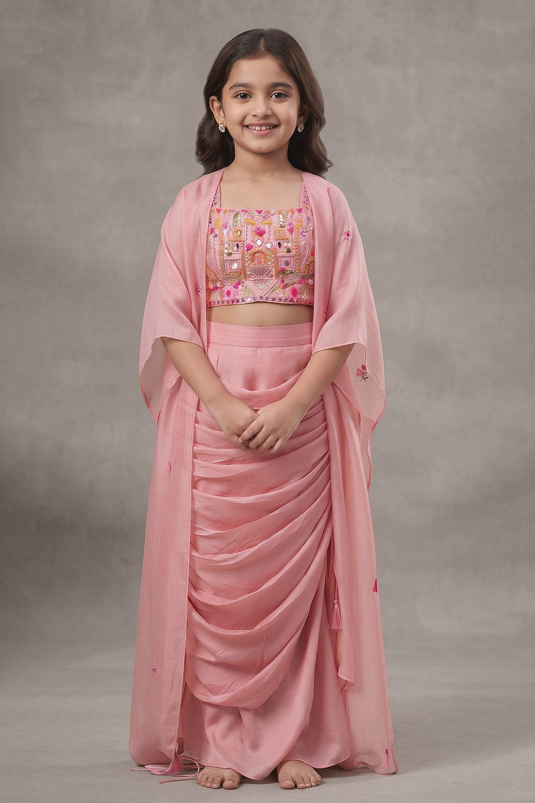 Buy Hirika &amp; Dhruti Pink Jacket Silk Organza, Blouse And Skirt Monga Tassel Embroidered Draped Set For Kids at Aza Fashions