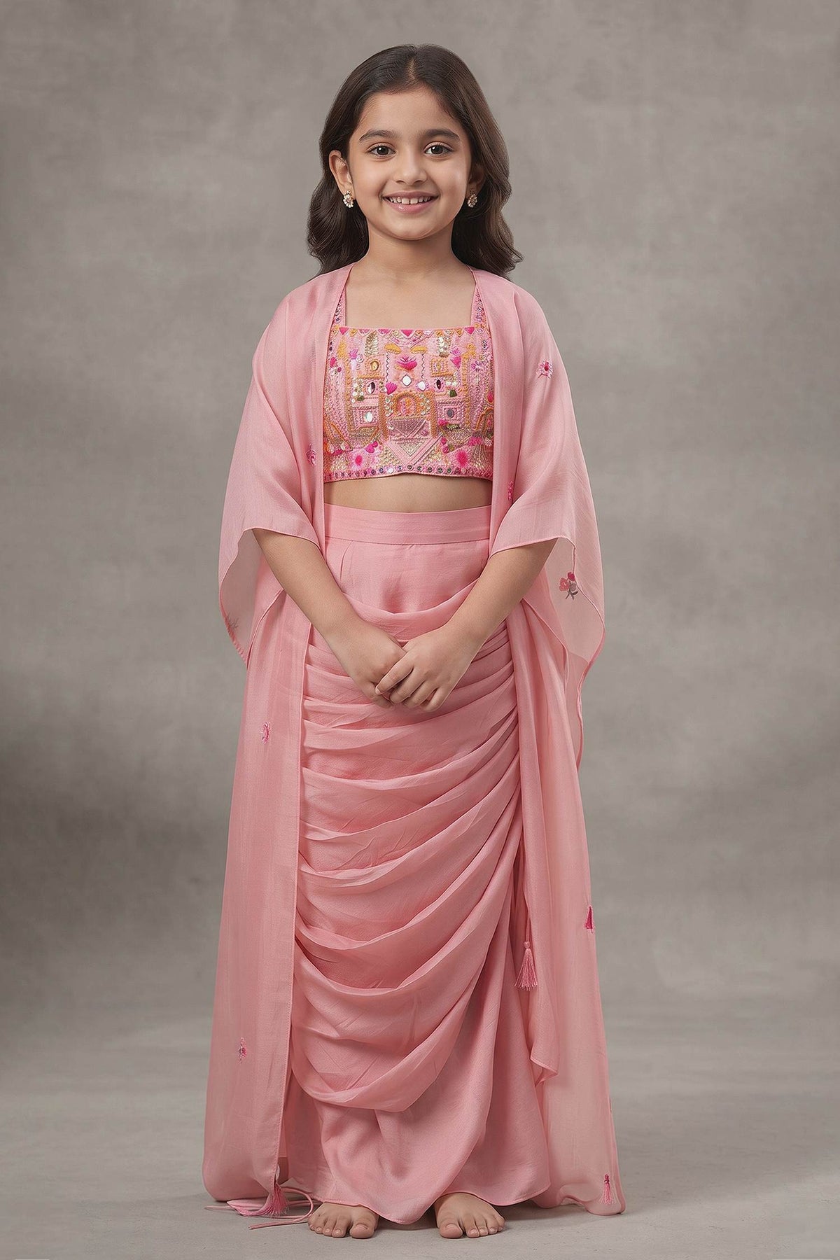 Buy Hirika &amp; Dhruti Pink Jacket Silk Organza, Blouse And Skirt Monga Tassel Embroidered Draped Set For Kids at Aza Fashions