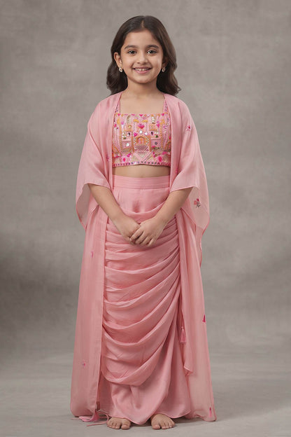 Buy Hirika &amp; Dhruti Pink Jacket Silk Organza, Blouse And Skirt Monga Tassel Embroidered Draped Set For Kids at Aza Fashions