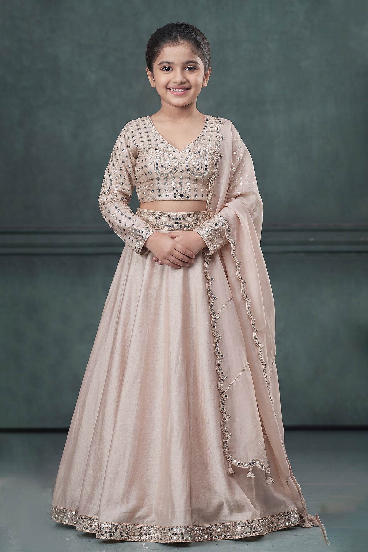 Buy Hirika &amp; Dhruti Beige Dupatta Organza , Blouse And Lehenga Chiniya Embroidered Set For Kids at Aza Fashions
