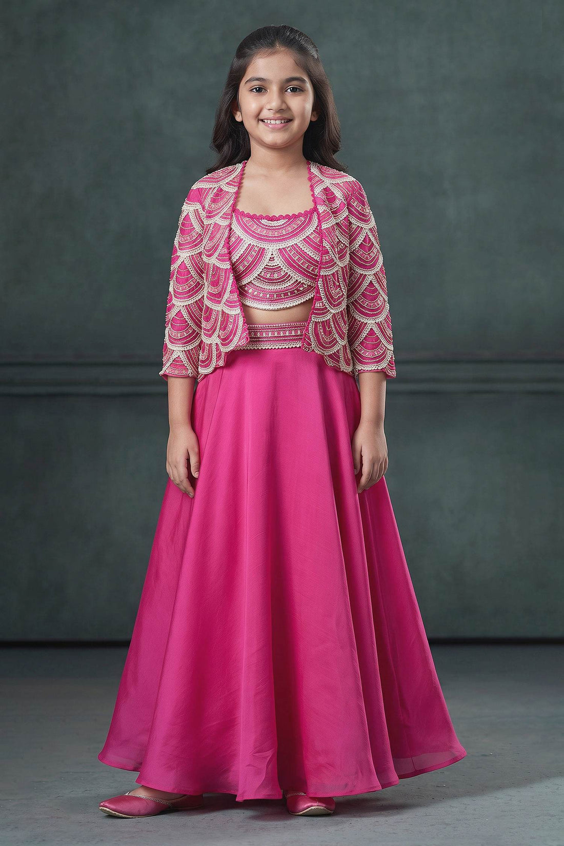 Buy Hirika &amp; Dhruti Pink Organza Silk Sequin, Thread Embroidered Short Jacket Lehenga Set For Kids at Aza Fashions