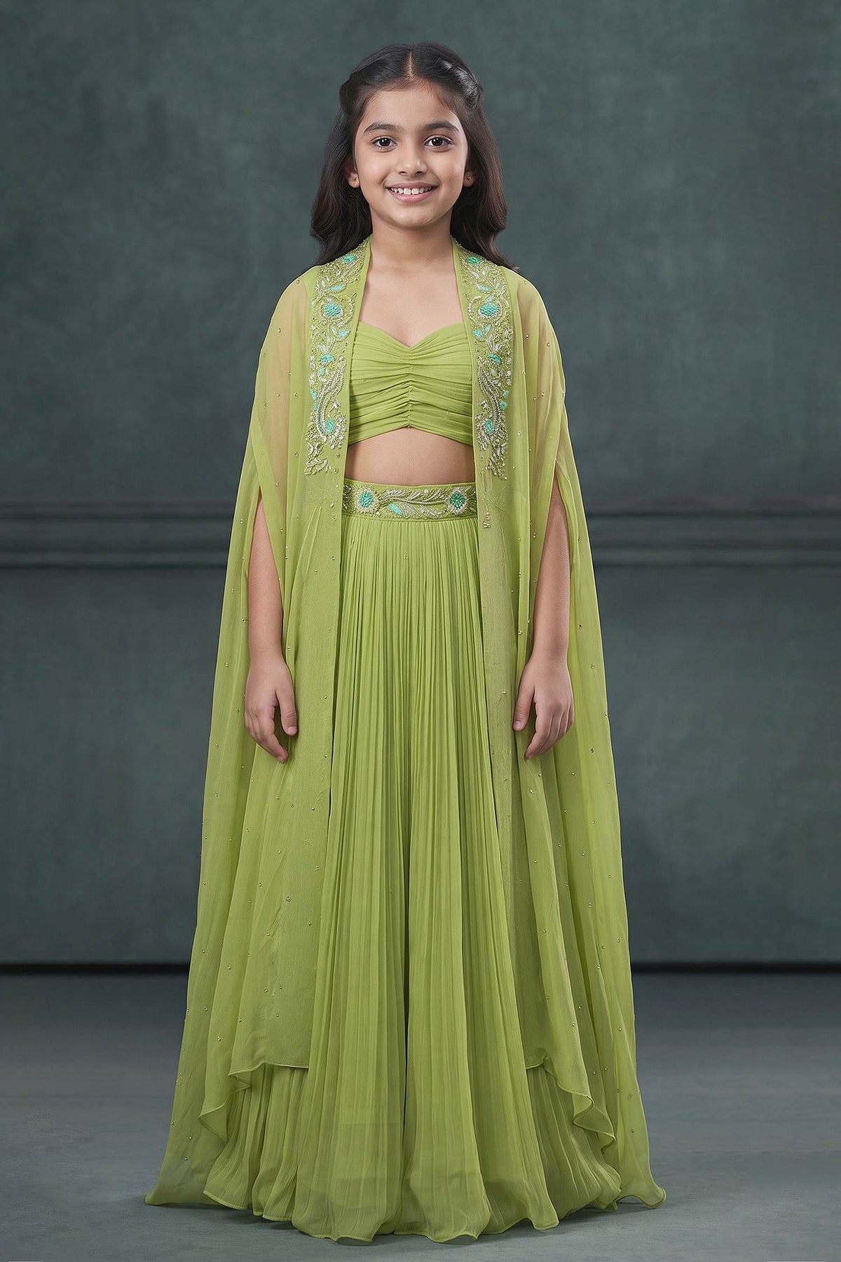 Hirika &amp; Dhruti Green Organza Silk Pearl, Sequin, Thread Floral Embroidered Jacket Lehenga Set For Kids