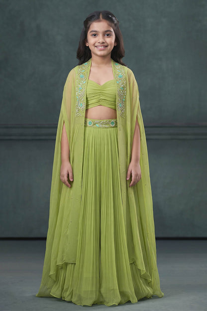 Hirika &amp; Dhruti Green Organza Silk Pearl, Sequin, Thread Floral Embroidered Jacket Lehenga Set For Kids