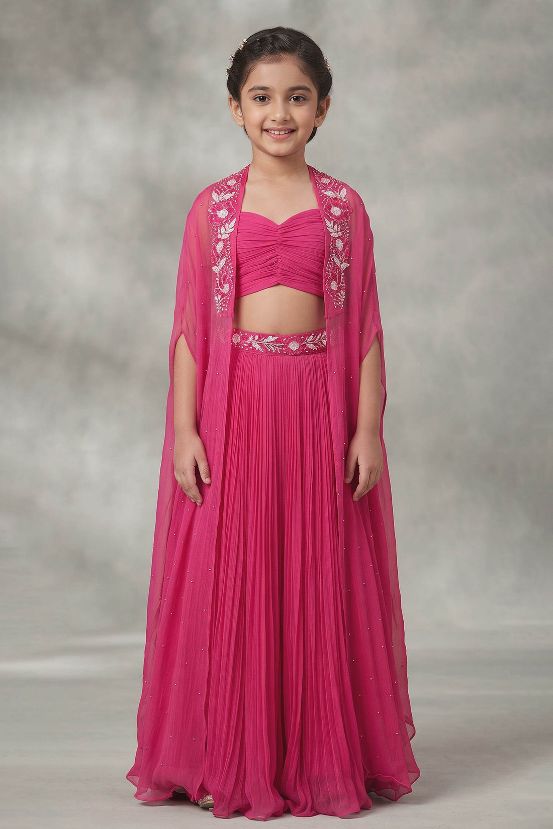 Hirika &amp; Dhruti Pink Organza Silk Pearl, Sequin, Thread Embroidered Jacket Lehenga Set For Kids